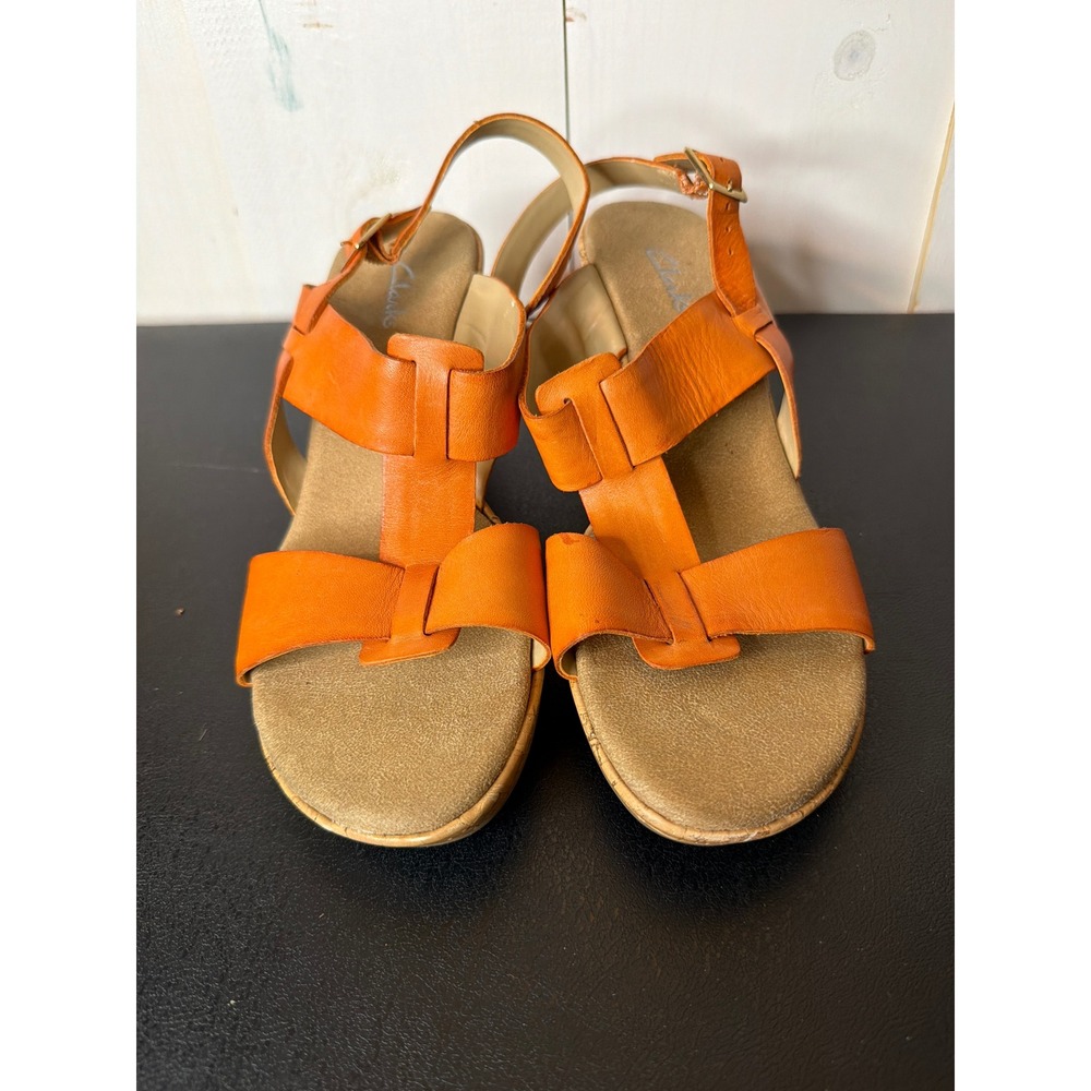 Clarks Orange Leather Cork Wedge Slingback Sandals Women's 10M 35811